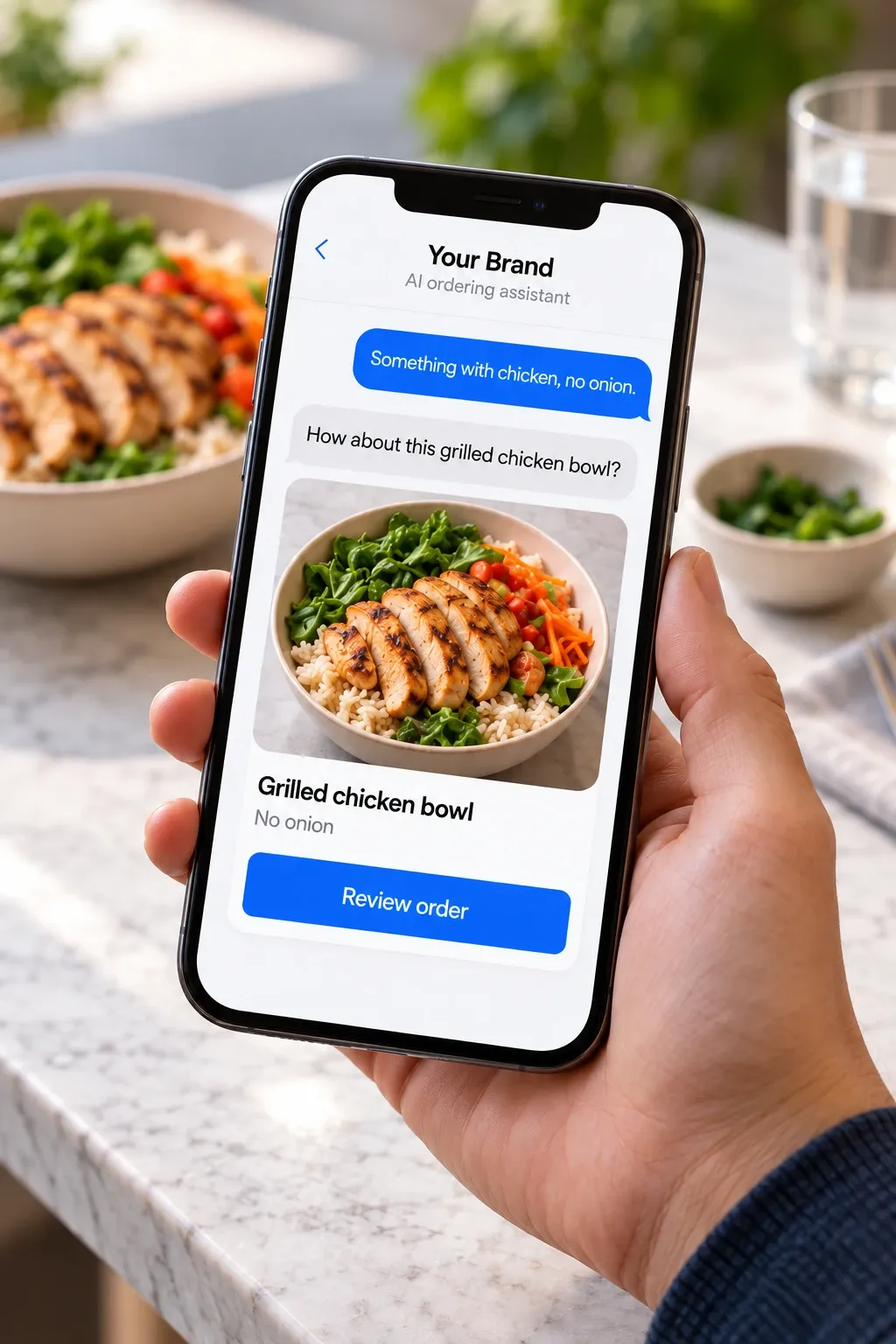 A customer reviews a personalized bowl order with the Your Brand AI ordering assistant.