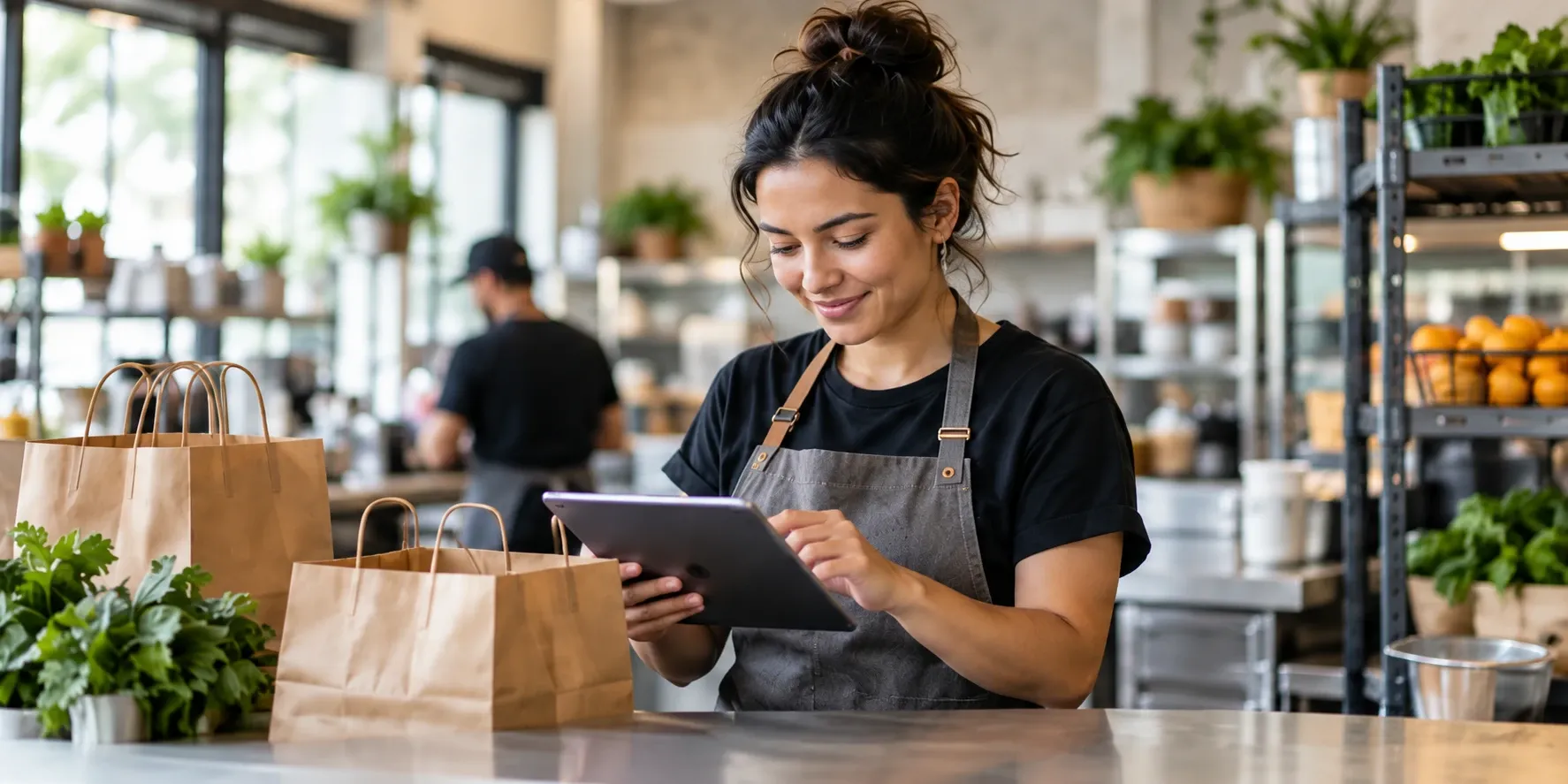 A local business operator using a tablet beside paper pickup bags.