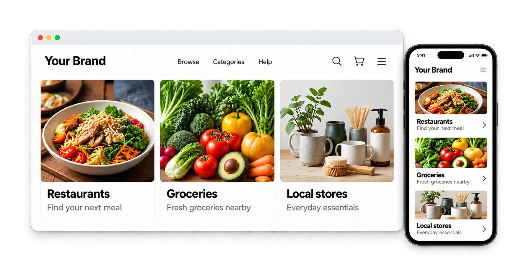 Your Brand marketplace on web and mobile, with restaurant, grocery, and local-store categories.