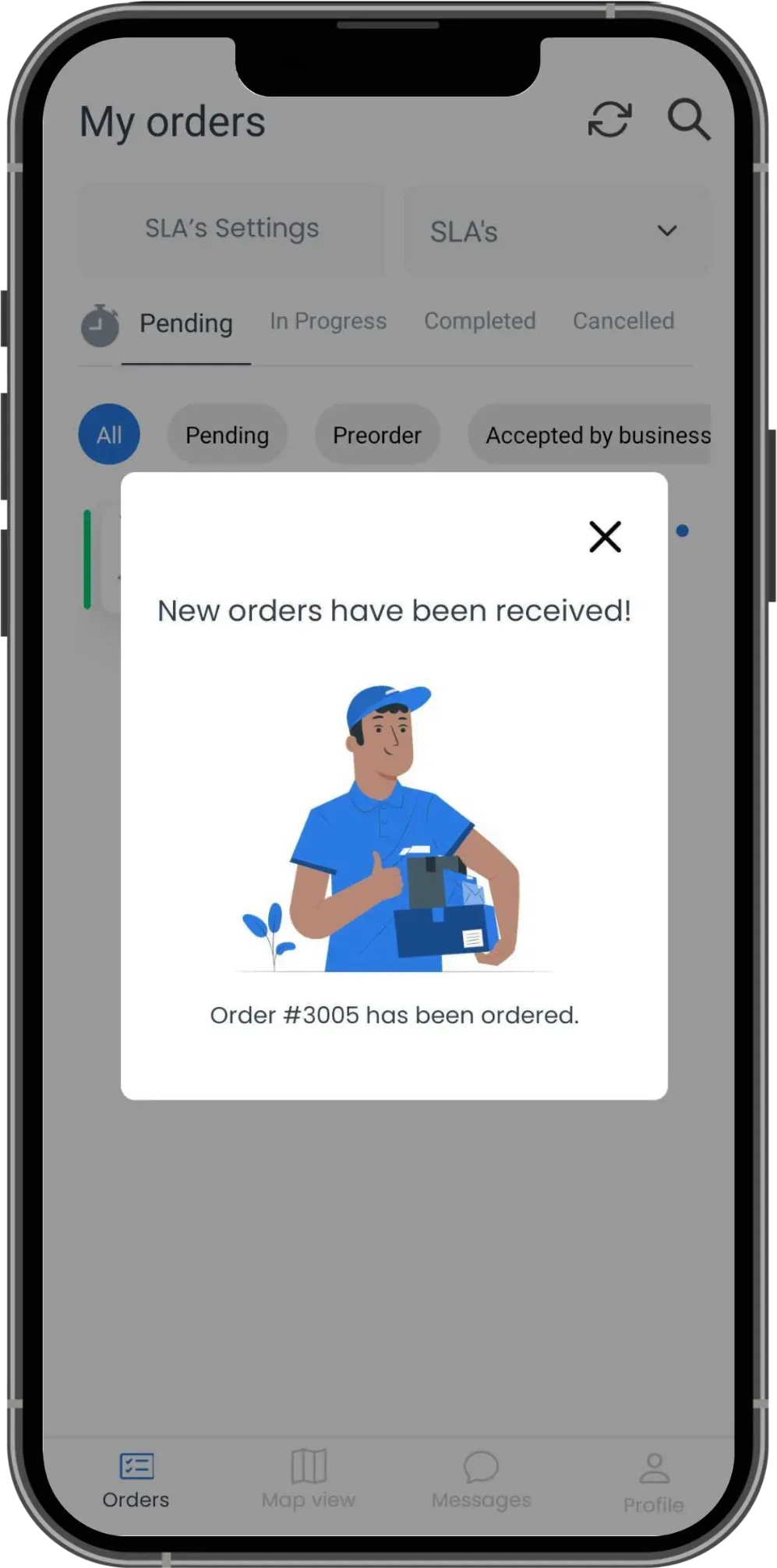 Driver app orders screen with a New orders have been received alert.