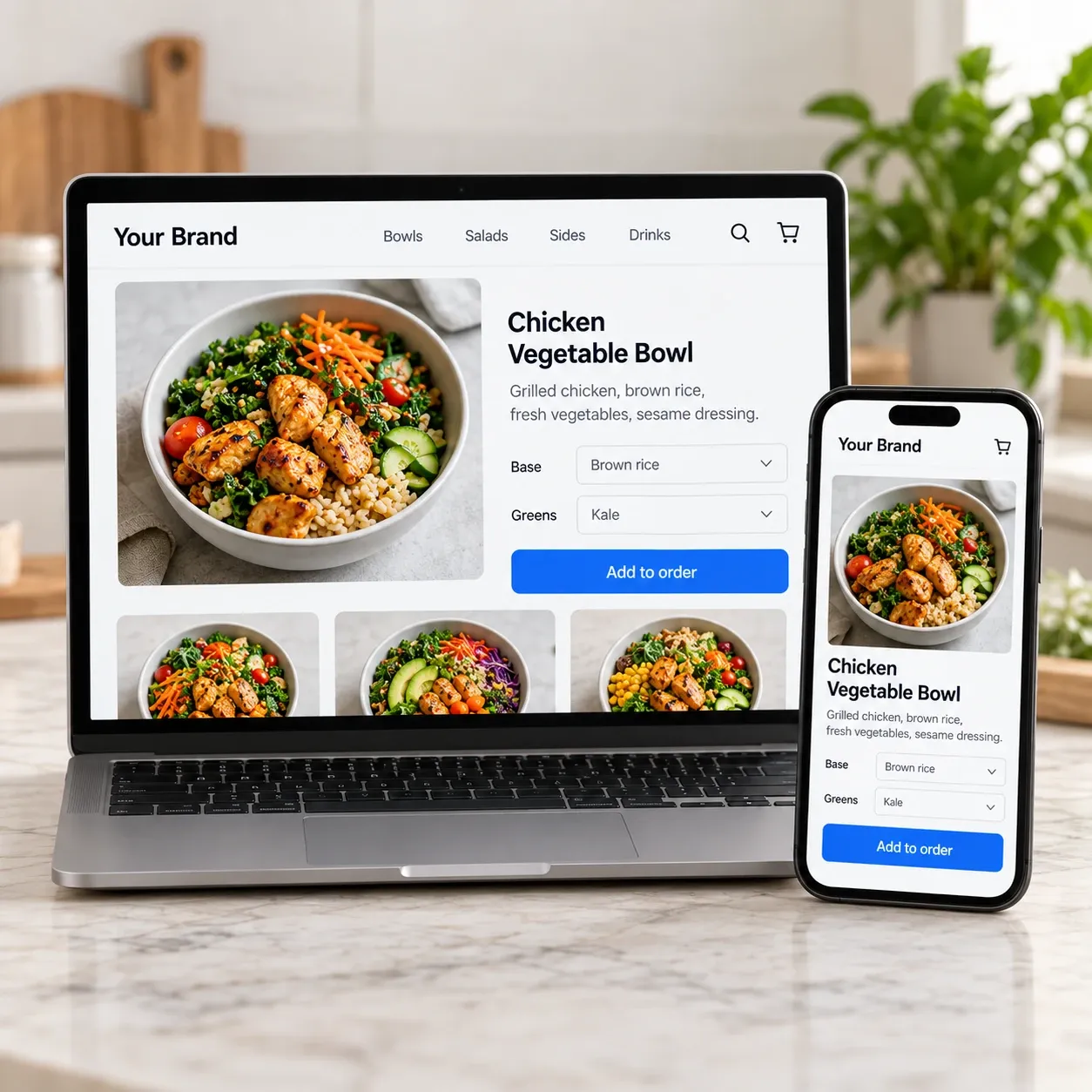 Your Brand website and app showing the same product and ordering options.