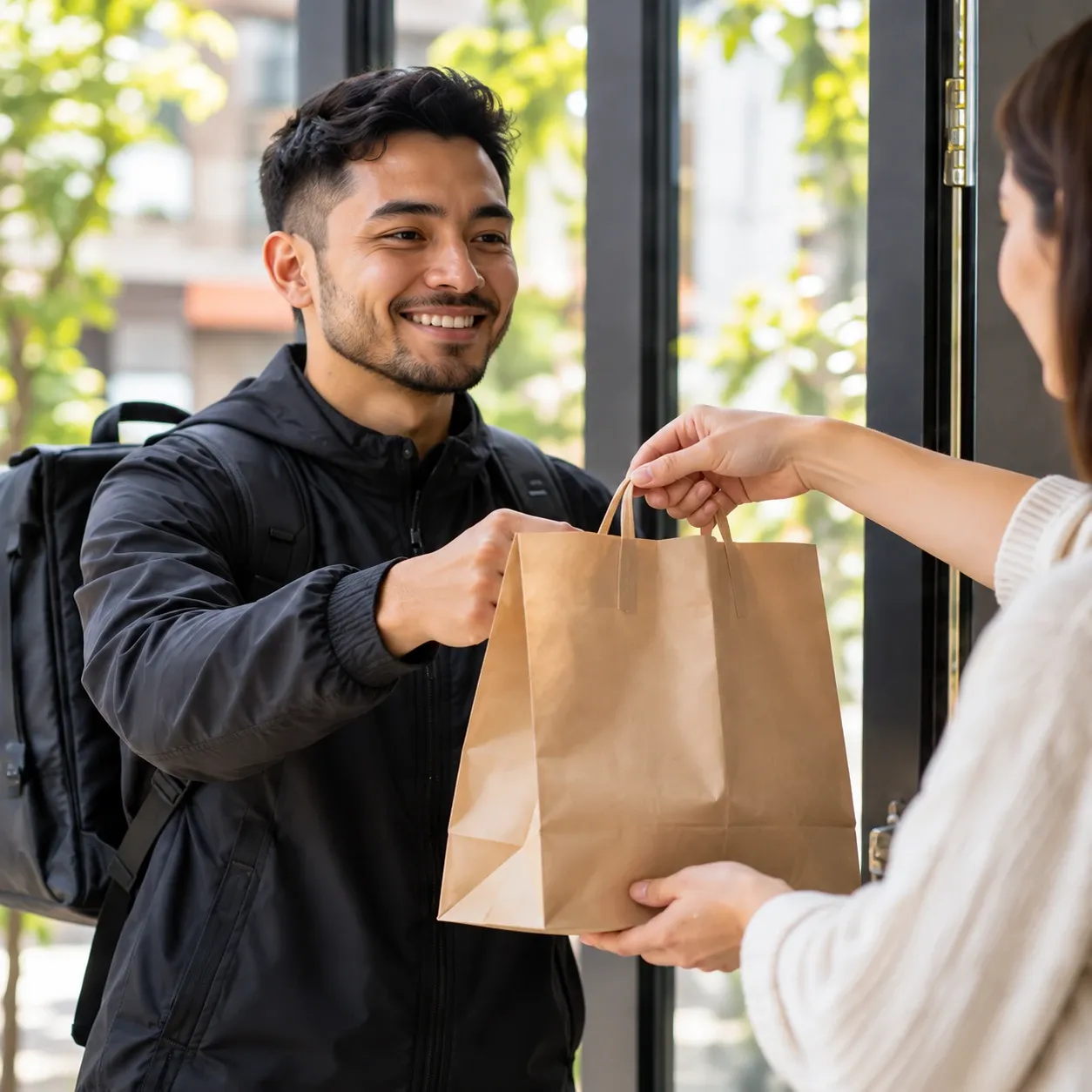 A courier hands a takeaway order to a customer at the door.