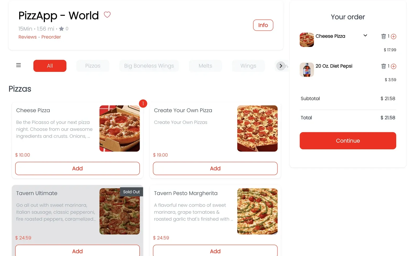Restaurant website example with a pizza menu, product choices, and an order cart.