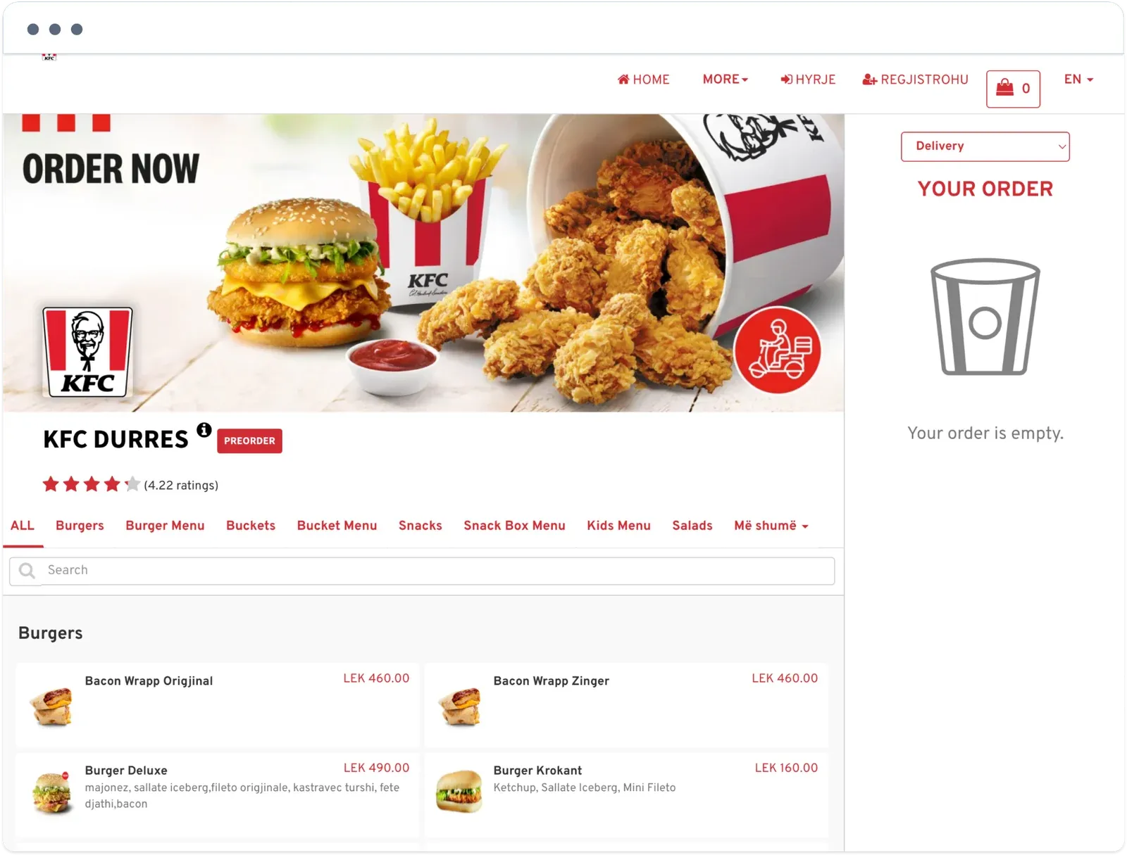 KFC Durres ordering website from the Albania customer story.